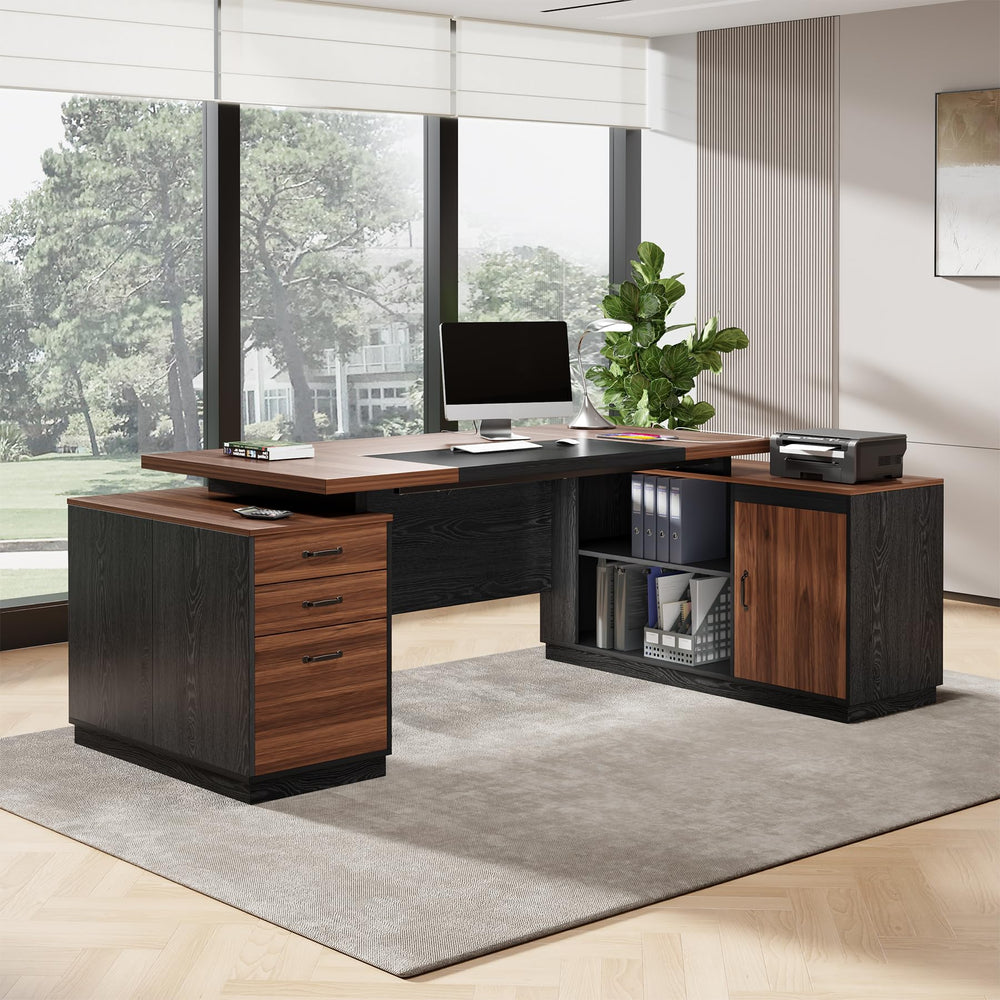78-Inch L-Shaped Executive Desk with Storage Cabinet, Power Outlet & File Cabinet