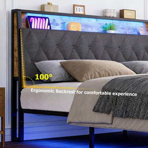 Queen Size Upholstered Bed Frame with LED Lights & Storage Headboard