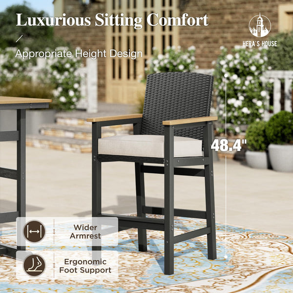 3-Piece Outdoor Patio Bar Set with Wicker Bar Stools and HDPE Bar Table