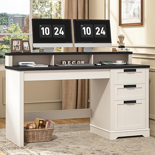 L-Shaped Executive Desk with Drawers, Power Outlets & Storage Shelf