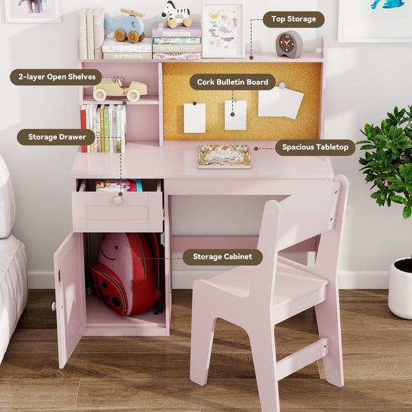 Kids Study Desk and Chair Set with Hutch and Storage