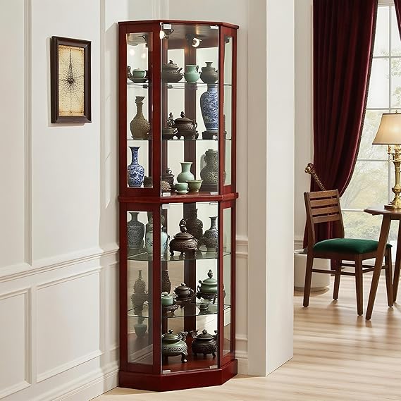 Lighted Corner Curio Cabinet with Glass Doors & Adjustable Shelves