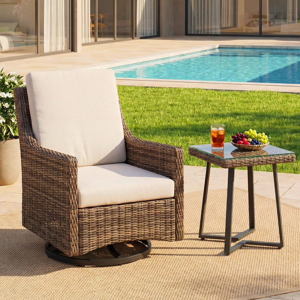 Outdoor Rattan Side Table with Tempered Glass Top