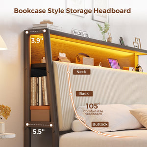 Queen LED Platform Bed with Storage Drawers & Bookcase Headboard