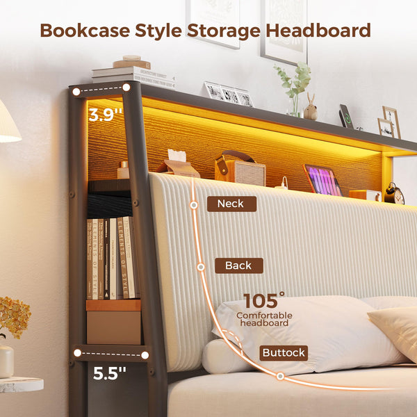 Queen LED Platform Bed with Storage Drawers & Bookcase Headboard
