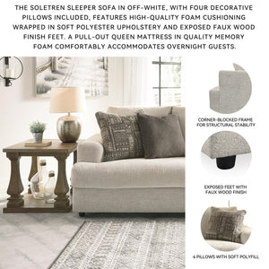 Cream Chenille Queen Sofa Sleeper with Accent Pillows
