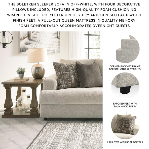 Cream Chenille Queen Sofa Sleeper with Accent Pillows