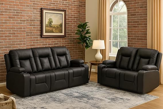 Black Faux Leather Recliner Sofa Set with Cup Holders