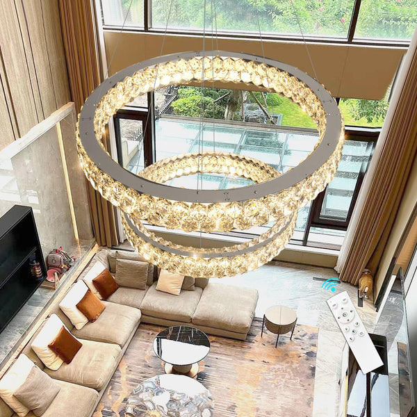 Dual Ring Crystal LED Chandelier – Dimmable Ceiling Light, Silver