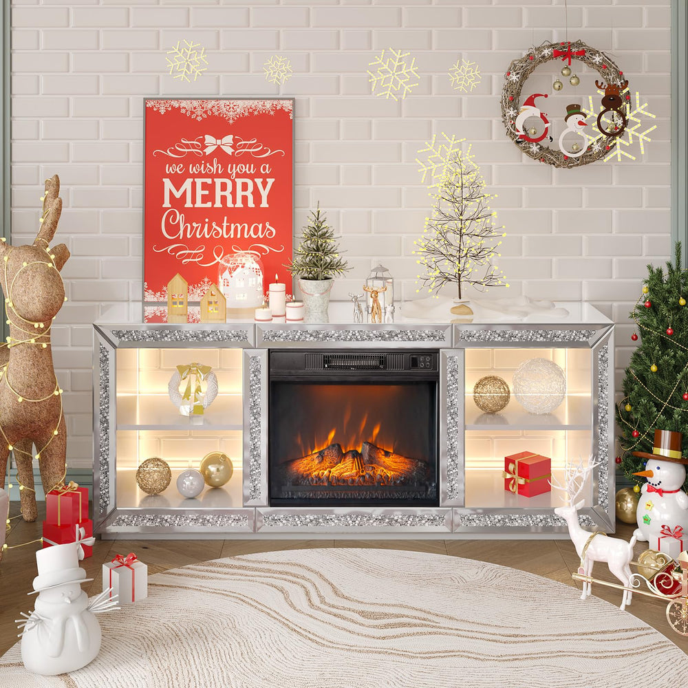 Mirrored Fireplace TV Stand with Electric Fireplace & LED Lights – Silver, 56" Wide