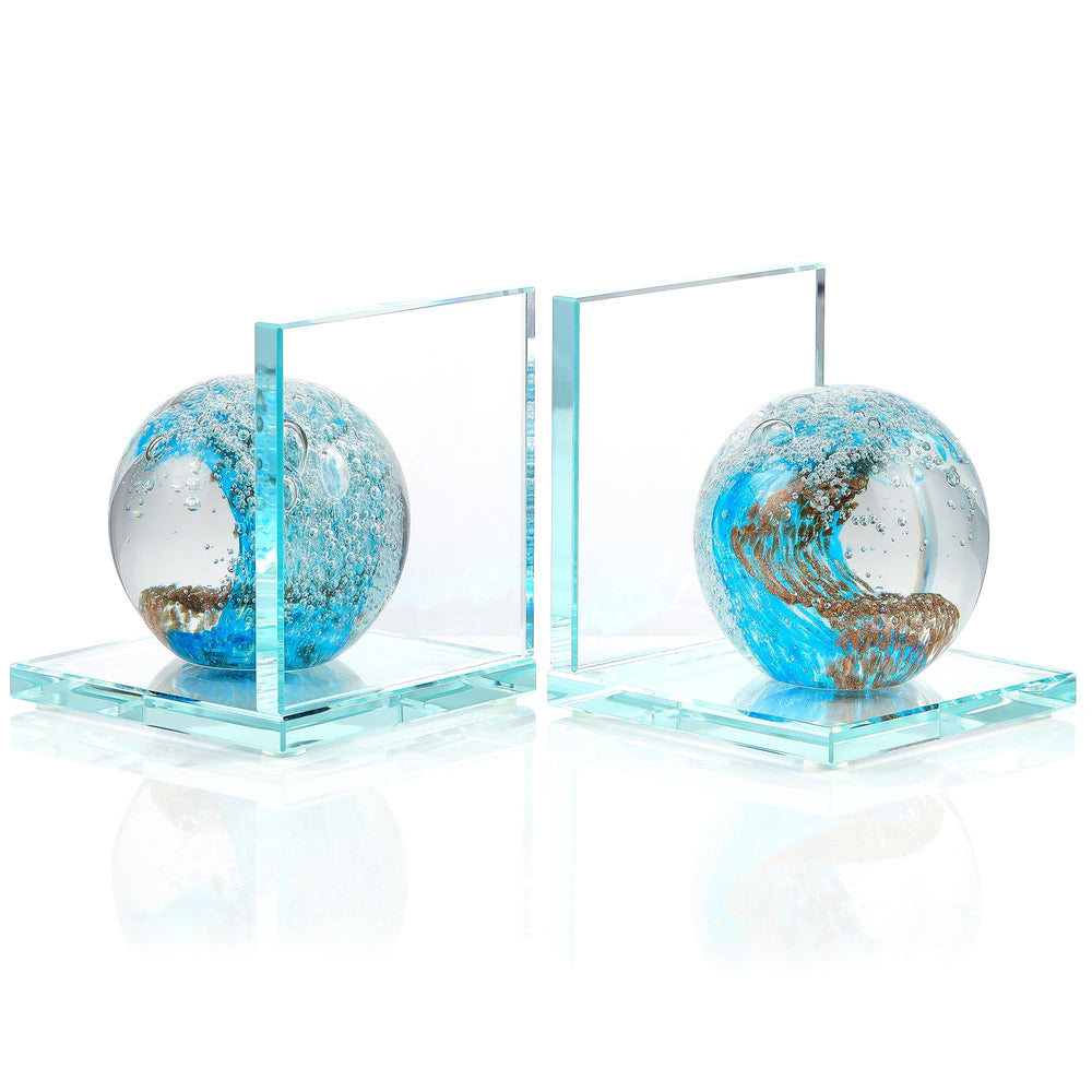Glass Sea Wave Bookends Set of 2