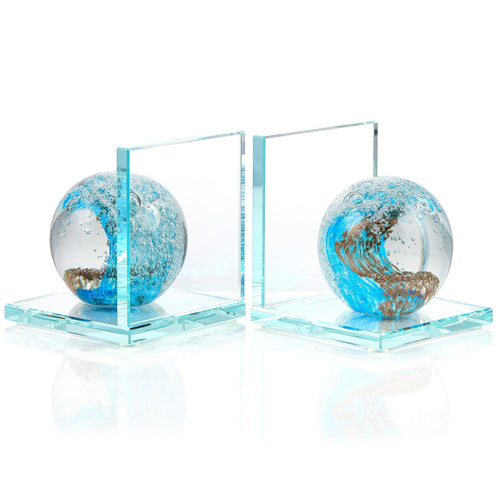 Glass Sea Wave Bookends Set of 2