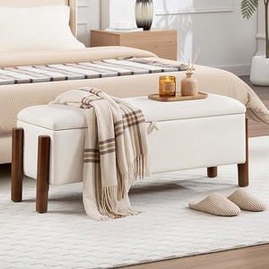 Storage Ottoman Bench with Walnut Legs – 43.7" Upholstered Bedroom Bench