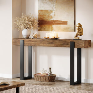 63-Inch Console Table with Solid Wood Top & Metal Legs