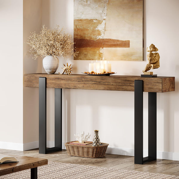 63-Inch Console Table with Solid Wood Top & Metal Legs