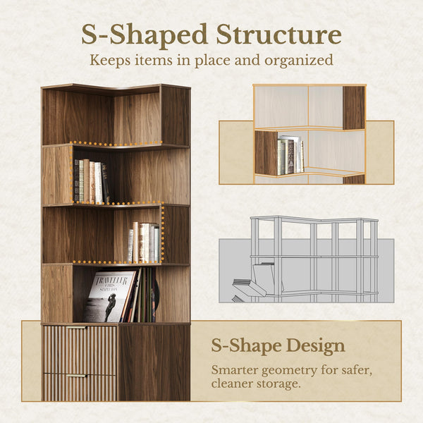 L-Shaped Corner Bookshelf with Drawers, 4-Tier, 71" Tall