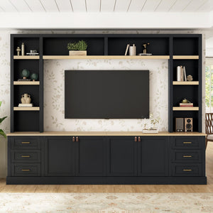 102.3" Farmhouse 4-Piece Entertainment Center with Drawers & Adjustable Shelves