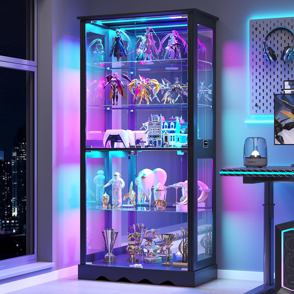 71" Tall Glass Display Cabinet with RGB Lights & Lockable Door