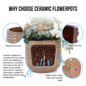 Ceramic Plant Pots Set of 3 with Drainage Holes – Ribbed Glossy Planters