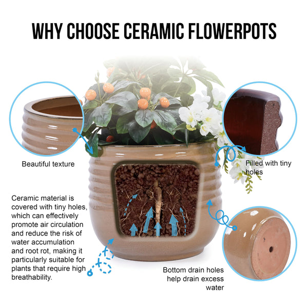 Ceramic Plant Pots Set of 3 with Drainage Holes – Ribbed Glossy Planters