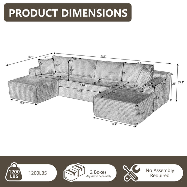 U-Shaped Modular Sectional Sofa with Deep Chaise