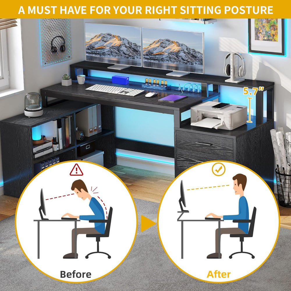 L-Shaped Desk with Drawers, LED Lights & Power Outlets