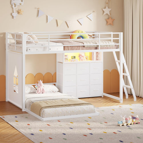 Twin Over Twin L-Shaped Low Bunk Bed with 9 Storage Drawers and LED Lights