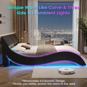 California King LED Bed Frame with USB Ports | Faux Leather Low Profile Platform Bed