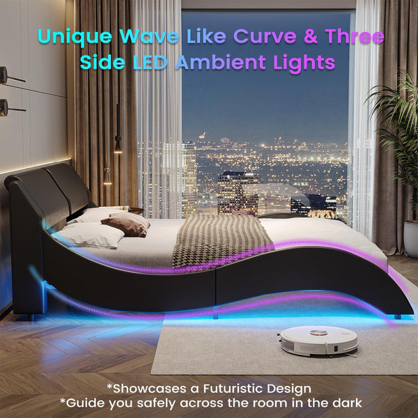 California King LED Bed Frame with USB Ports | Faux Leather Low Profile Platform Bed