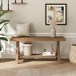 Solid Wood Farmhouse Entryway Bench with Storage Shelf