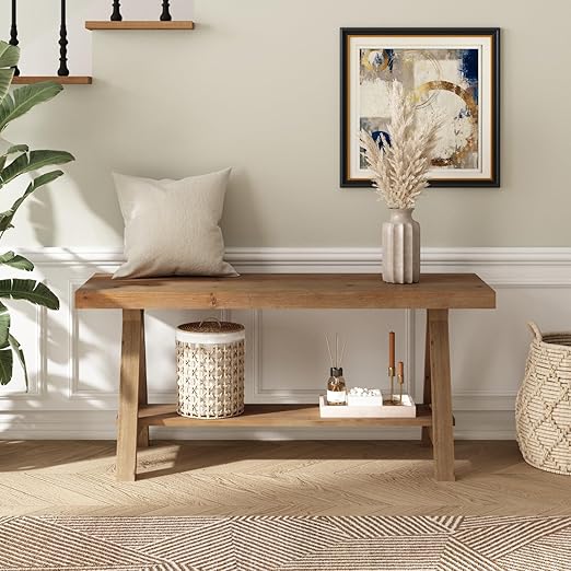 Solid Wood Farmhouse Entryway Bench with Storage Shelf