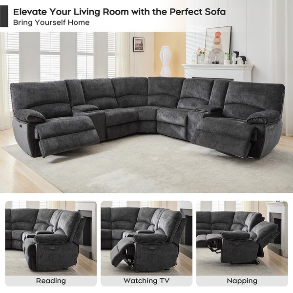 Oversized Power Recliner Sectional Sofa with Wireless Charger, Gray
