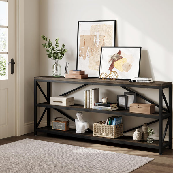 Industrial Console Sofa Table 70.8 Inch with 3-Tier Storage Shelf