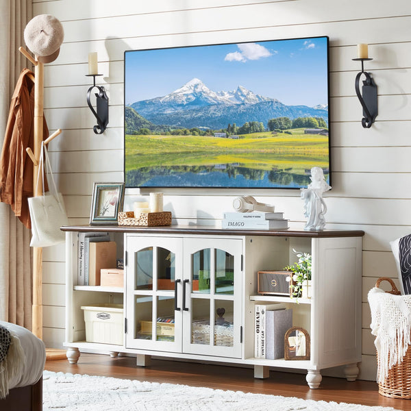 Farmhouse TV Stand with Glass Doors & Storage