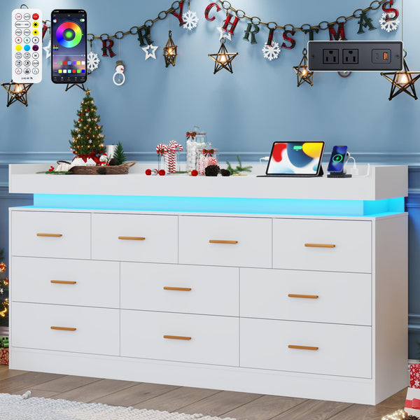 10-Drawer Dresser with Power Outlet and LED Light