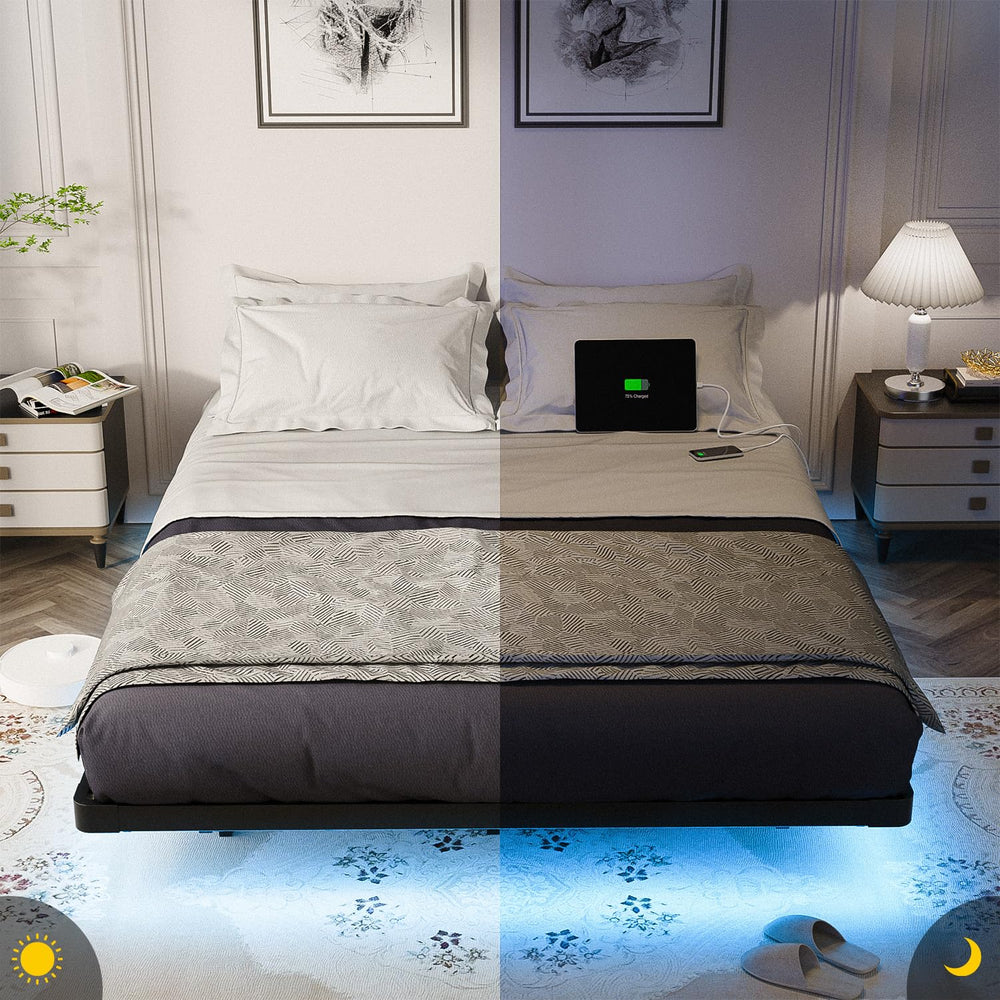 Floating Bed Frame with LED Lights & Charging Station