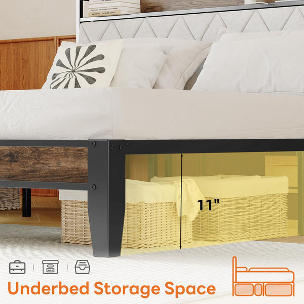 Queen Bed Frame with Storage Headboard & USB Charging