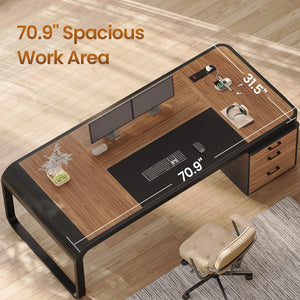 70.9" Executive Desk with File Cabinet, Drawers & Charging Station