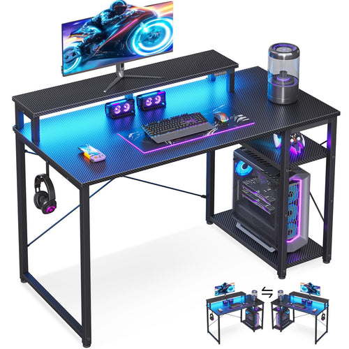 Gaming Desk with LED Lights, Monitor Stand & Side Shelf