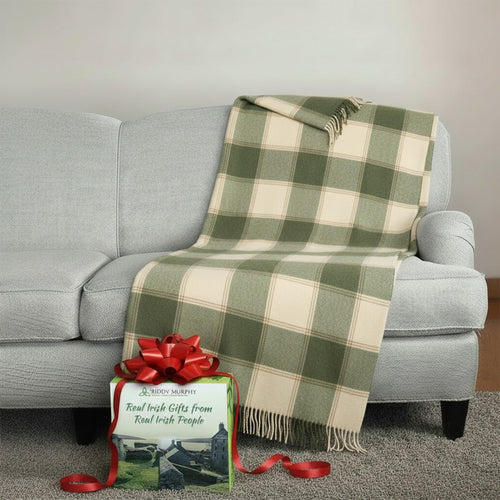 Irish Lambswool Throw Blanket – Cream & Green Check Tartan