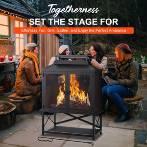 Square Chiminea Outdoor Wood Burning Fire Pit with Grill