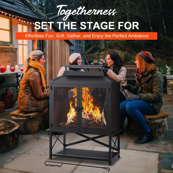Square Chiminea Outdoor Wood Burning Fire Pit with Grill