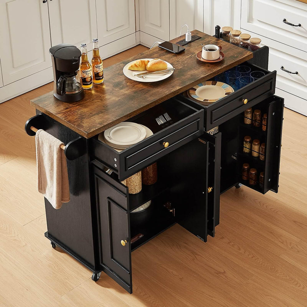58" Mobile Kitchen Island Cart with Power Outlet, Storage Cabinets & Spice Rack