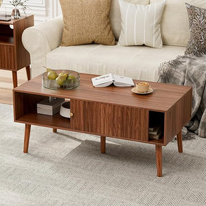 Fluted Door Coffee Table with Storage & Solid Wood Legs