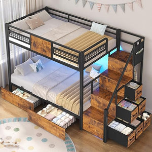 Twin Over Twin Bunk Bed with Stairs & LED Lights