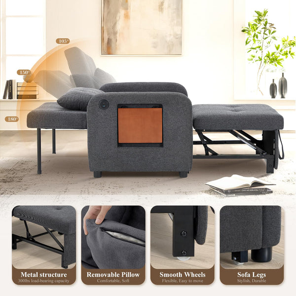 Convertible Sleeper Chair with USB Port & Foldable Table