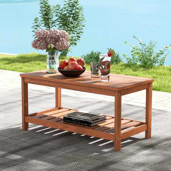2-Tier Solid Wood Outdoor Coffee Table with Storage Shelf