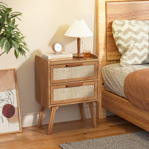 Boho Rattan Nightstand with 2 Drawers & Solid Wood Legs