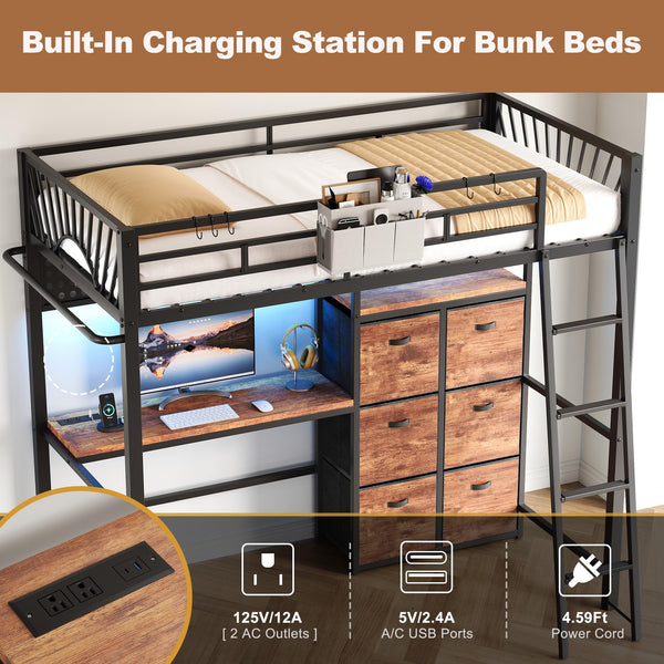 Twin Metal Loft Bed with Desk and Storage
