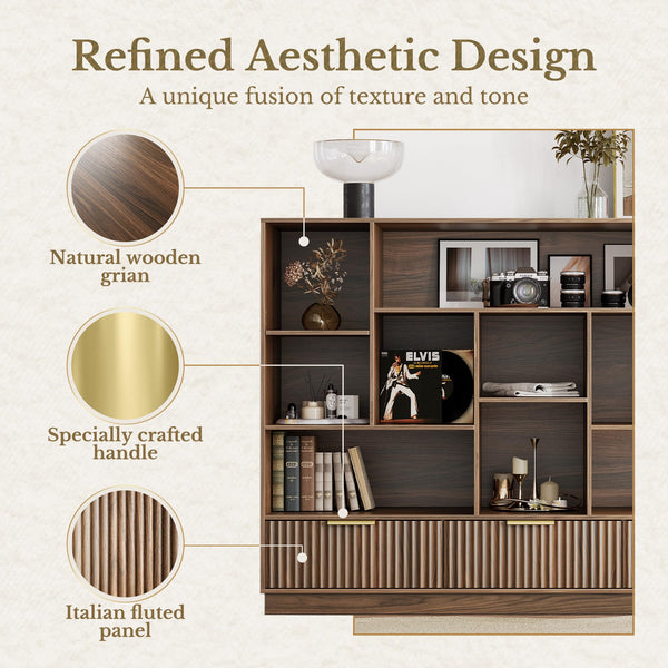 4-Tier Fluted Bookshelf with Drawers & Storage